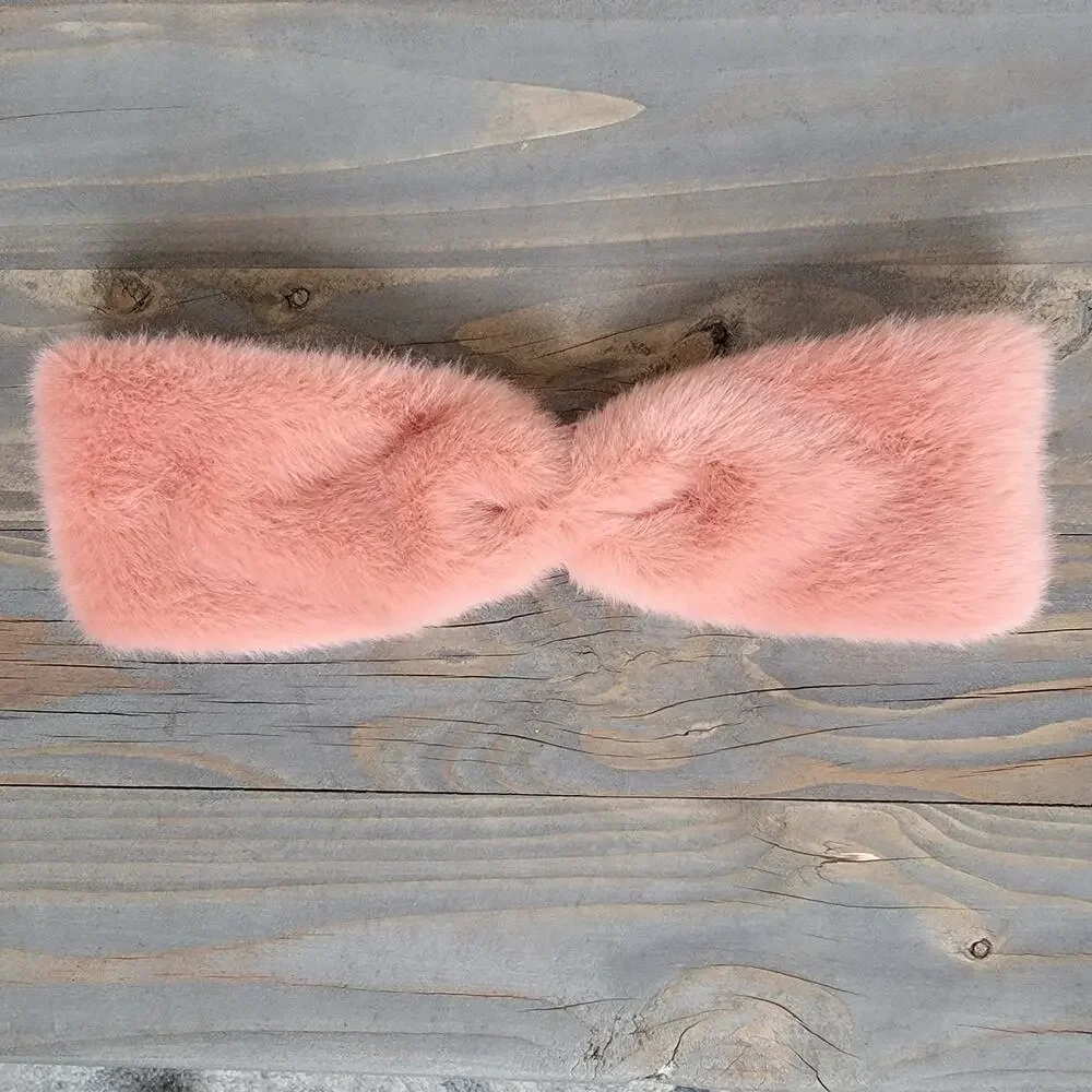 Old Navy Faux Fur Bow Stretch Headwrap Cozy Headband Coral Girls OS‎ EUC